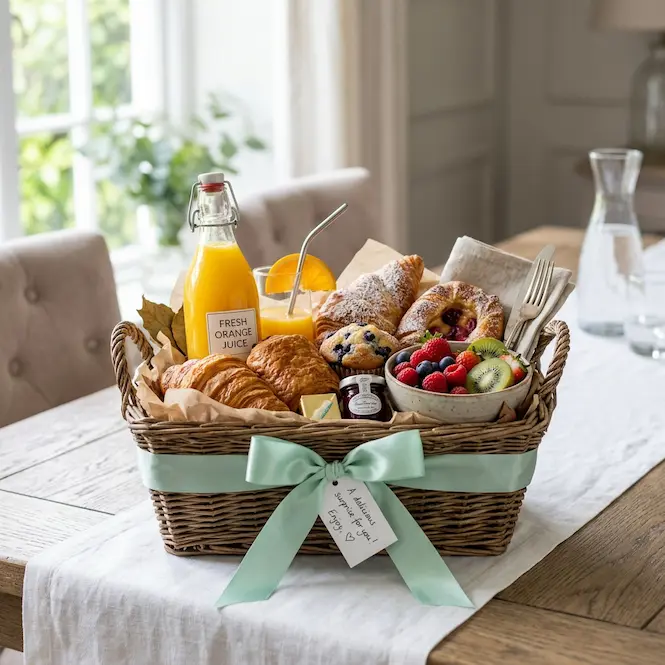 Desayuno sorpresa con croissants, jugo natural, frutas y gelatinas artesanales en Bogotá